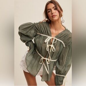 Listicle Olive Green Sheer Blouse with Cream Ties